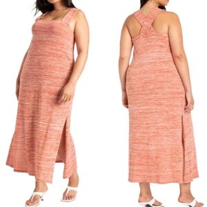 Eloquii | Casual Maxi Dress Wide Straps Side Slits | Heathered Coral | Sz 22/24